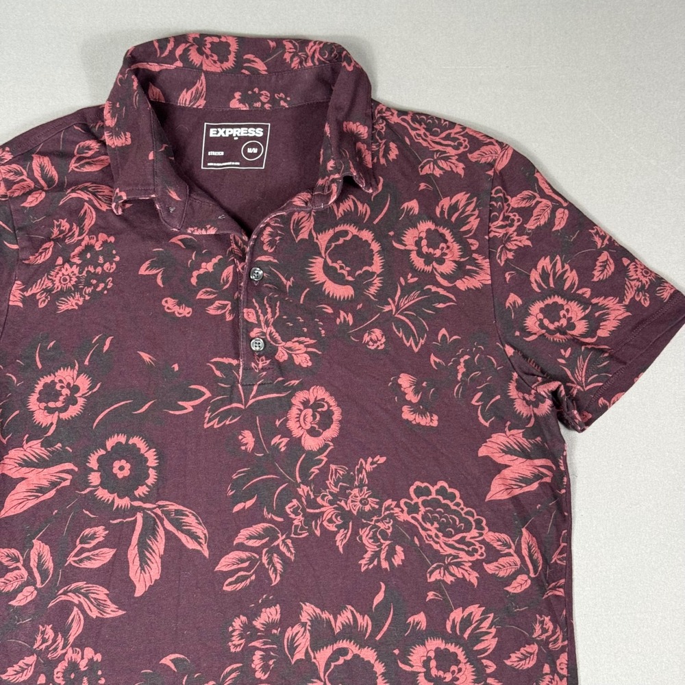 Express Shirt Floral Maroon Polo Short Sleeve Graphic Tee Mens Size M
